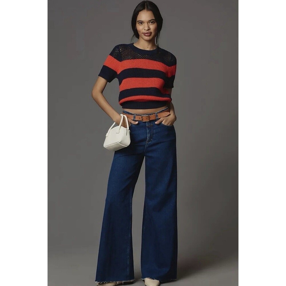 Anthropologie Maeve Open Knit Striped Sweater Top XS Red Navy Blue Short Sleeve - Picture 3 of 14